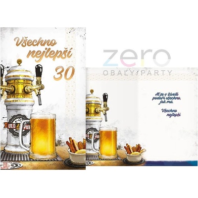 Přání s textem narozeninové 30 + obálka - pivo