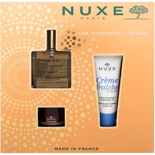 Nuxe Huile Prodigieuse suchý olej 50 ml + Nuxe Créme Fraiche de Beauty hydratační krém na obličej 30 ml + Nuxe Réve de Miel balzám na rty 15 g dárková sada