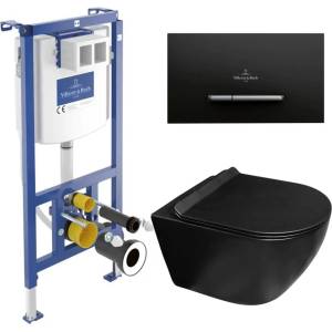 Rune Комплект казанче за WC с вграждаща рамка Villeroy&Boch ViConnect и бутон ViConnect 300S, матово черно, плюс тоалетна чиния Rune Ivaldi Grande с капак softclose (92242700+922169AN+5940541335832)