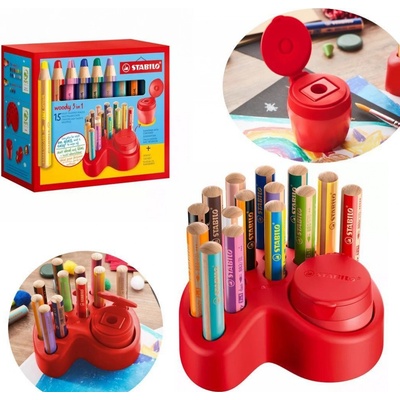 Stabilo 880/15-01 Woody 3 v 1 pastelky ve stojánku na stůl sada s ořezávátkem,