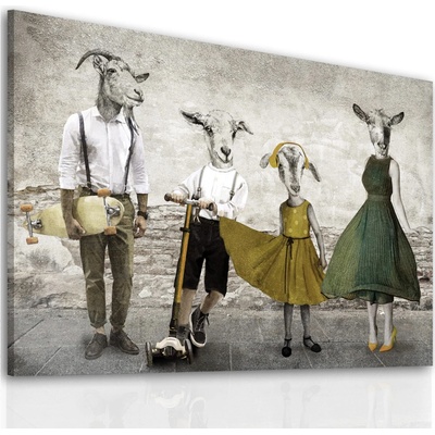 Moderný obraz na plátne – Kozia rodina na prechádzke mestom Veľkosť: 80x60 cm