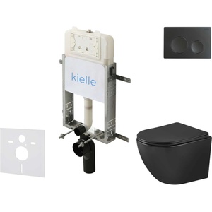 kielle Genesis New - Комплект структура за вграждане, тоалетна чиния Oudee Vortex, Rimless+, SoftClose седалка и бутон Gemini New I, черен мат 30528SZ91 (30528SZ91)