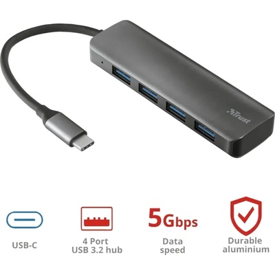 Trust USB Хъб Trust Halyx, 4 порта, от USB Type-C към 4x USB 3.2 Type-A, 5000 Mbit/s, сив