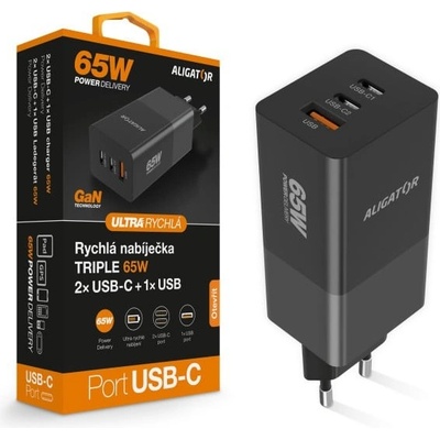 Chytrá síťová nabíječka ALIGATOR GaN, Power Delivery 65W, 2xUSB-C, 1xUSB-A, černá – Zbozi.Blesk.cz