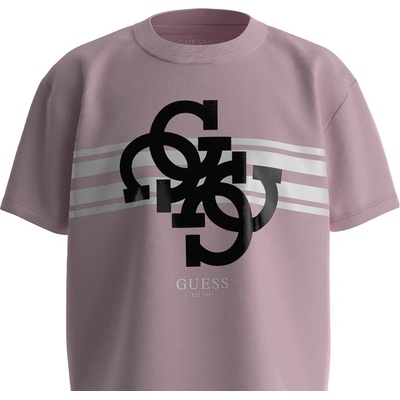 GUESS Къса тениска за момиче в розово с черно лого Guess