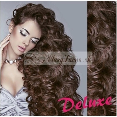 DELUXE stredne hnedé Clip in vlasy kučeravé 50-53 cm