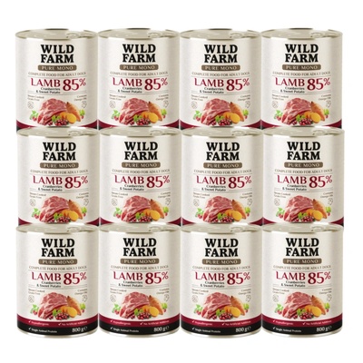 WILD FARM PURE MONO Агнешко с червени боровинки и сладки картофи 12x800 г - монопротеинова храна за кучета