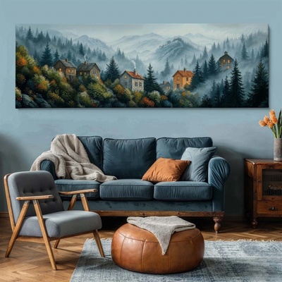 Obraz na plátně - Koutná pod Mlhovcem, vesnice, kopce, lesy FeelHappy.cz Rozměr obrazu (Šířka x Výška): 60 x 20 cm