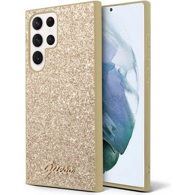 GUESS Glitter Flakes Metal Logo Case - хибриден удароустойчив кейс за Samsung Galaxy S23 Ultra (златист)