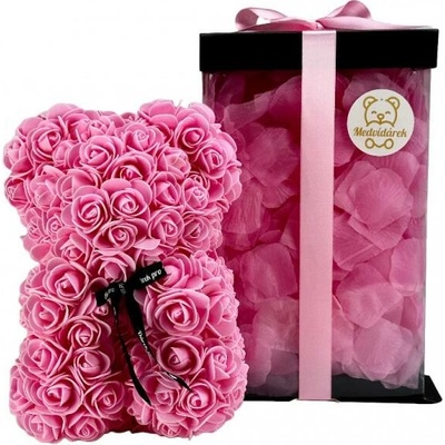 Medvídárek Pink Edition medvídek z růží 25cm dárkově balený - růžový zasypaný růžovými lístky