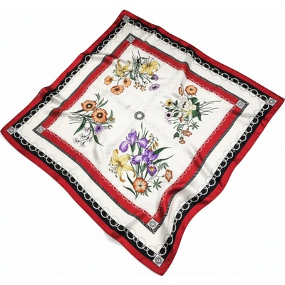Classic Scarf Bílý šátek se 4 květinami kontrastní bílá červená černá