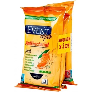 Event Антибактериални мокри кърпички Event - Мандарина, 3 x 15 броя (2EV02ANT110MAN015A) - baby