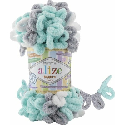 Alize příze Puffy color 6408 mentolově zelená, šedá, bílá