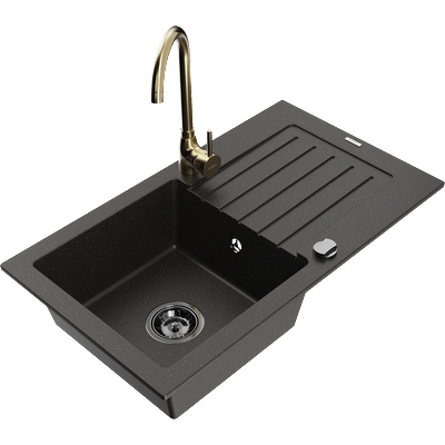 Mexen Pablo гранитна мивка с 1 корито с отцедник и кухненски смесител Telma, черен/златен - 6510-75-670200-50-B (6510-75-670200-50-B)