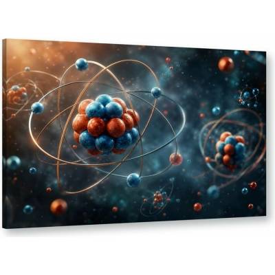 Obraz na plátně – Stylizovaný atomový model s obíhajícími částicemi 90 × 60 cm
