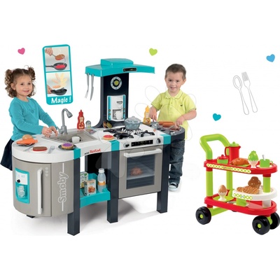 Smoby set tyrkysovo-šedá kuchynka Tefal French Touch Bubble Smoby s funkciami a servírovací vozík s raňajkami 100% Chef 311206-19
