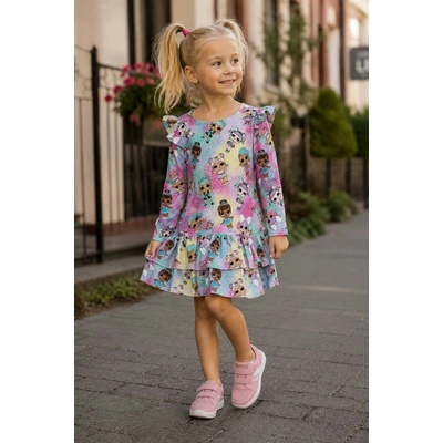 Fashionkids šaty s rozprávkovou potlačou a volánovou sukňou Blankytná