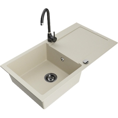 Mexen Leo кухненска мивка от гранит с 1 отделение и сушилник и кухненски смесител Telma, бежов - 6501-69-670200-70 (6501-69-670200-70)