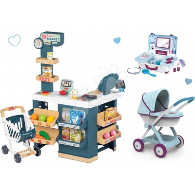 Smoby Set obchod elektronický s váhou a skenerom Super Market a hlboký kočík Frozen a kozmetický kufrík My Beauty Vanity