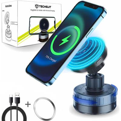 Techsuit Стойка за кола HOLD253 - Techsuit Premium с безжично зареждане, магнити MagSafe N52, стойка за табло - черна