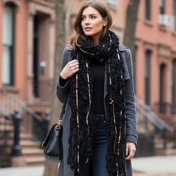 Плетен дамски шал в черно със златисти пайети