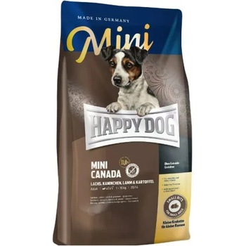 Happy Dog Mini Canada - храна за чувствителни млади кучета и за активни възрастни кучета от дребни породи, склонни към алергични прояви, със сьомга, заек и агне 4 кг, Германия - 61239