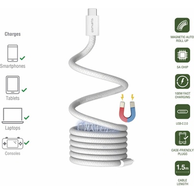 4smarts USB-C to USB-C RollUp Magnetic Cable 100W - здрав кабел с вграден магнитен органайзер за устройства с USB-C порт (150 см) (бял)