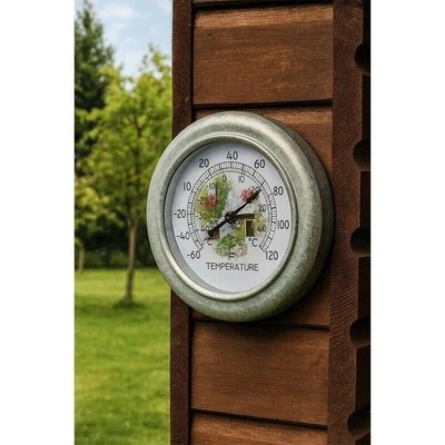 Teplomer analógový vintage s kovovým rámom – priemer 28 cm