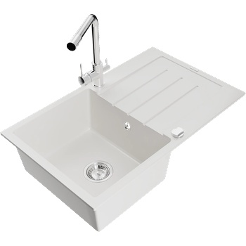 Mexen Bruno гранитна мивка с 1 камера и капак, с кухненска батерия Duero, бяла - 6513-20-671600-00 (6513-20-671600-00)