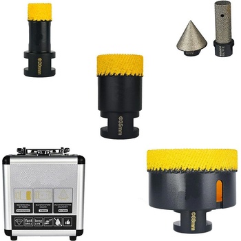 UNI Боркорони диамантени, за гранитогрес, керамика, порцелан, фаянс, 20 / 35 / 68 мм, m14, с диамантен пръст и конус, 5 части, куфар (rv10419)