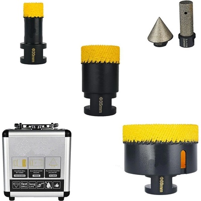 UNI Боркорони диамантени, за гранитогрес, керамика, порцелан, фаянс, 20 / 35 / 68 мм, m14, с диамантен пръст и конус, 5 части, куфар (rv10419)