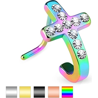Šperky eshop zahnutý ocelový piercing do nosu kříž se vsazenými čirými zirkonky PC36.25 měděná