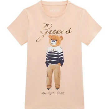 GUESS Памучна тениска в прасковен цвят с цветно мече за момиче и златист надпис Guess