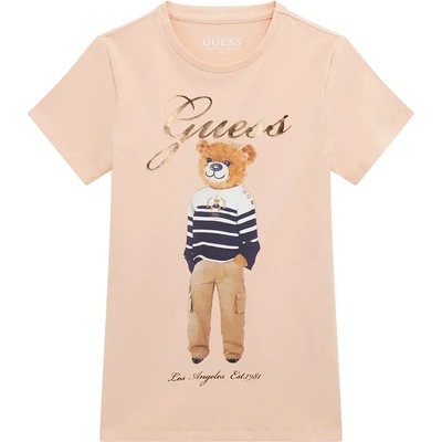 GUESS Памучна тениска в прасковен цвят с цветно мече за момиче и златист надпис Guess