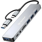 Techsuit - Докинг станция DataBridge 8 в 1 (H9) - USB, Type-C към 4x USB, Type-C, 3.5 мм жак, TF/SD карта - Сив