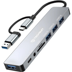 Techsuit - Докинг станция DataBridge 8 в 1 (H9) - USB, Type-C към 4x USB, Type-C, 3.5 мм жак, TF/SD карта - Сив (KF2350774)