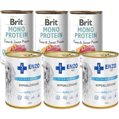 Brit Mono Protein Tuna & Sweet Potato 3 x 400 g & Enzo Vet hypoalergénne krmivo s morkou 3 x 400 g