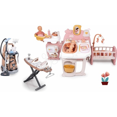 Smoby Set domček pre bábiku trojkrídlový a upratovací vozík Large Doll´s Play Center Soft Baby Nurse s elektronickým vysávačom a žehliacou súpravou