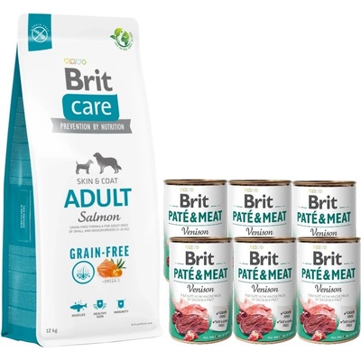 Brit Care Grain-free Adult Salmon 12 kg + Brit Pate & Meat Venison 6 x 400 g