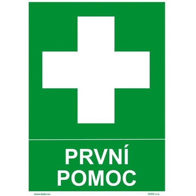 DUKO PRVNÍ POMOC se symbolem a textem Formát: 210 x 297 mm, Materiál: plast 1 mm, samolepící vinylová fólie