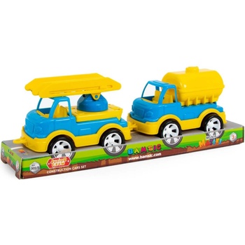 Image 1 of Bamsic ДЕТСКИ КОМПЛЕКТ ОТ 2 СТРОИТЕЛНИ КОЛИ В ОТВОРЕНА КУТИЯ, ПОЖАРНА И ЦИСТЕРНА