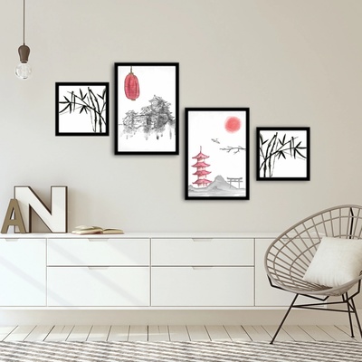 ASIR Obraz na MDF s rámem 4ks JAPONSKÉ UMĚNÍ 30 x 30 (2) 35 x 50 cm (2)