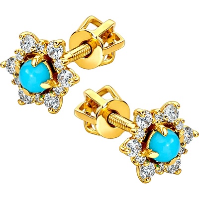 Zlaton Náušnice žluté zlato květina s tyrkysem osazené diamanty 0.80cm 1.35g s diamanty 0.280ct N22102501225
