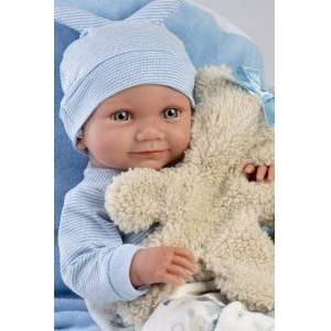 Llorens Nico baby vinyl doll with blue pillow 40cm