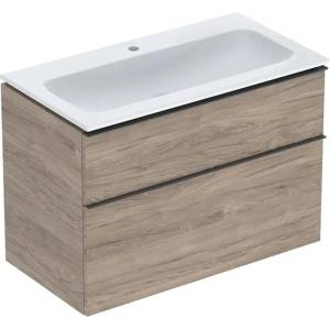 Geberit Комплект стенен долен шкаф Geberit iCon, цвят орех хикори, 2 чекмеджета и бяла мивка 90 см (502.337.JR.1)