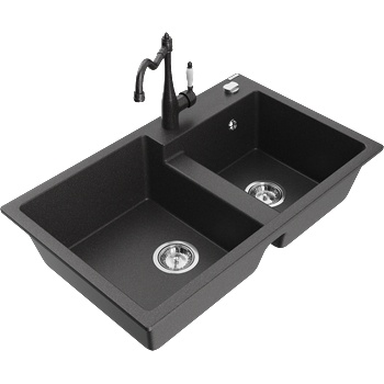 Mexen Tomas гранитна мивка с 2 камери и кухненски смесител Carla, черна напукана - 6516-76-670700-76 (6516-76-670700-76)