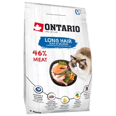 ONTARIO LONGHAIR Adult duck, chicken, salmon cat food - суха храна за дългокосмести котки над 1 година с патешко, пилешко месо и сьомга 0, 4 кг, Чехия 213-10433
