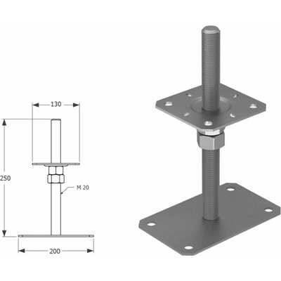 Domax zaskrutkovacia pätka stĺpika nastaviteľná závitová PSRP 130 - 130 x 200 x 250 x 3 mm 4 ks