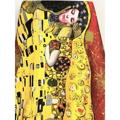 luxusní šátek z čistého hedvábí Gustav Klimt slavný obraz Polibek Kiss 3 červený