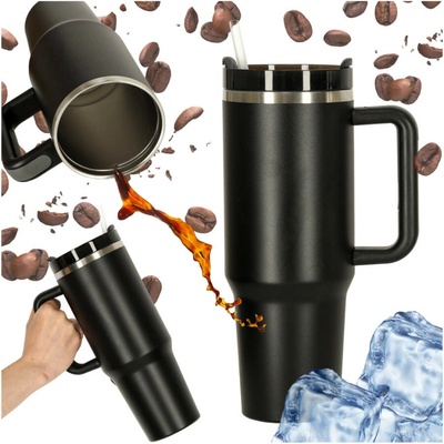 Ikonka termohrnček so slamkou a rukoväťou termoska 1200 ml čierny